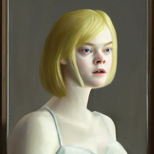 Prompt: Painting of Elle Fanning in Silent Hill, long blonde hair, delicate, pale milky white porcelain skin, by Edward Hopper. 8K. Extremely detailed.