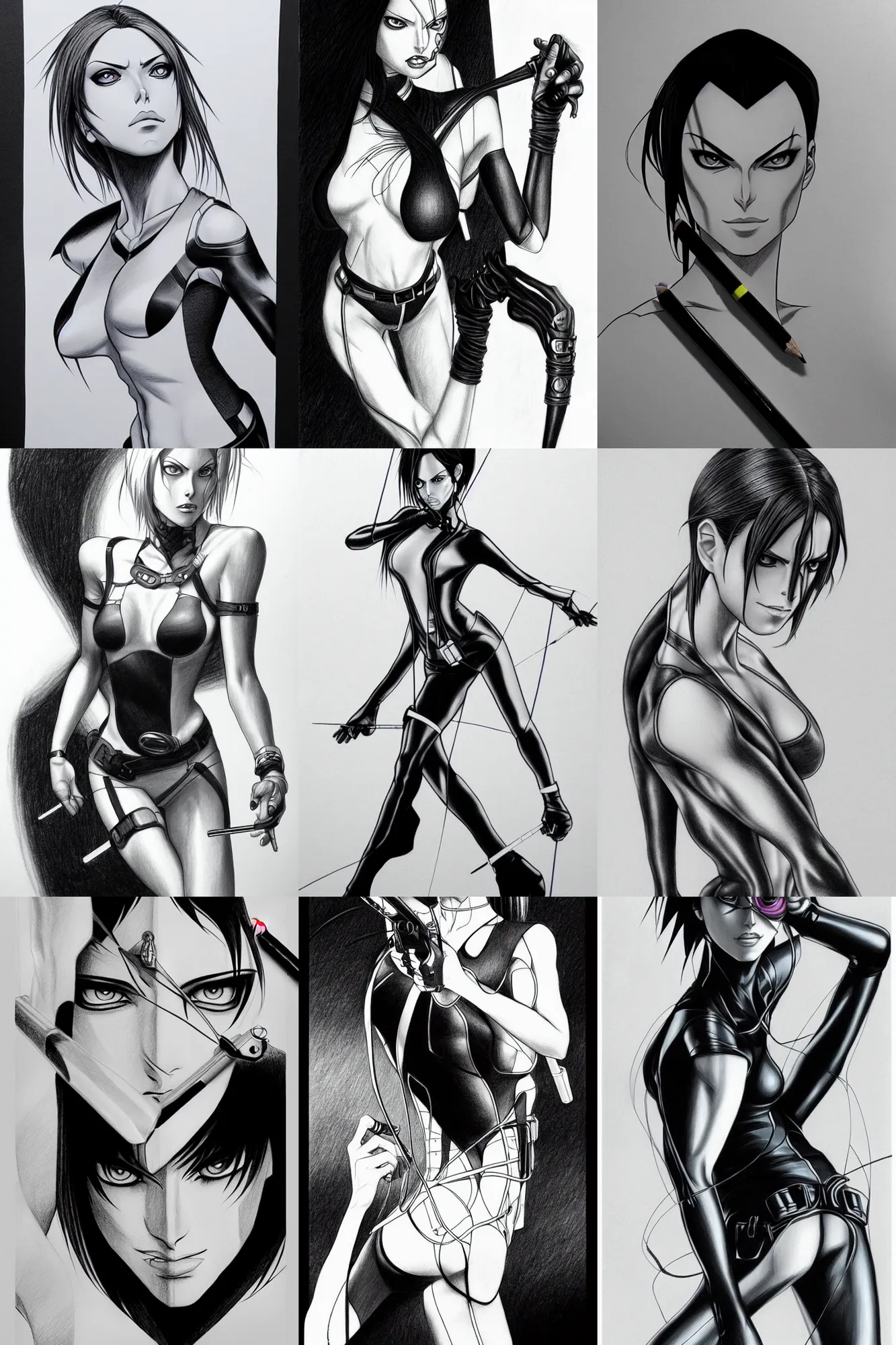 Prompt: very detailed pencil drawing of aeon flux by peter chung,