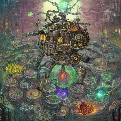 Prompt: magic the gathering art, ver.ka mecha machinarium, complex elaborate amphibian cityscape by Dan Mumford and by Dan Witz