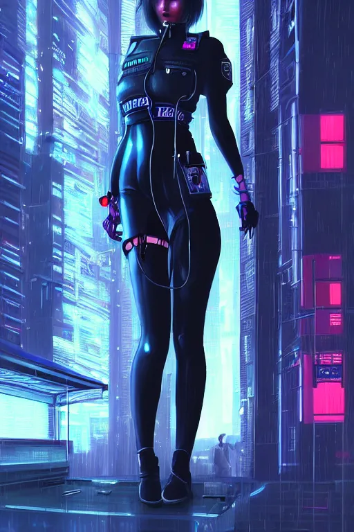 Image similar to portrait futuristic lovely cyberpunk female police, in heavy rainning futuristic tokyo rooftop cyberpunk night, ssci-fi, fantasy, intricate, very very beautiful, elegant, neon light, highly detailed, digital painting, artstation, concept art, soft light, hdri, smooth, sharp focus, illustration, art by tian zi and craig mullins and WLOP and alphonse mucha