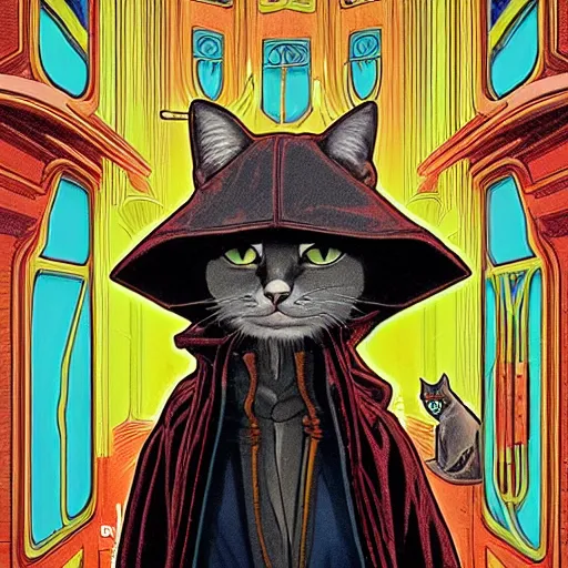 Prompt: a cat wearing a hooded cloak, in an elevator with art nouveau neon panelling, by moebius and james gurney and james jean and greg rutkowski, 8 k