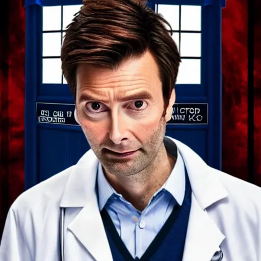 Image similar to closeup promotional image of an David Tennant as Doctor Who at a polka dance-off contest at the YMCA basketball gym, around the gym everyone is cheering, in the background the Tardis door is wide open to the interior, frenetic, quirky, movie still, promotional image, imax, digital art, hyper detailed, sharp focus, f8