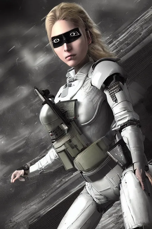 Prompt: portrait photo of beautiful young female space police officer, clothed in military armor, long hair blowing in the wind, from metal gear. Future war zone behind her. by Anita Sadowska