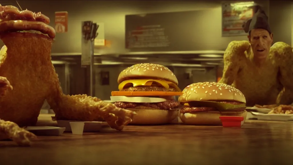 Image similar to the strange cheeseburger creature at the fast food place, film still from the movie directed by denis villeneuve and david cronenberg with art direction by salvador dali and zdzisław beksinski, commercial, wide lens