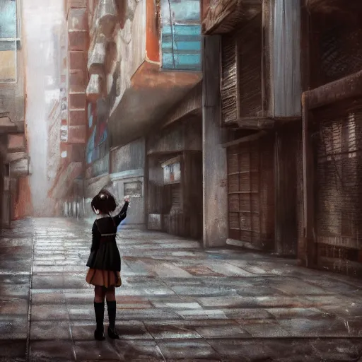 Image similar to a perfect, realistic professional oil painting of a Japanese schoolgirl posing in a dystopian alleyway, style of Marvel, full length, by a professional American senior artist on ArtStation, a high-quality hollywood-style concept