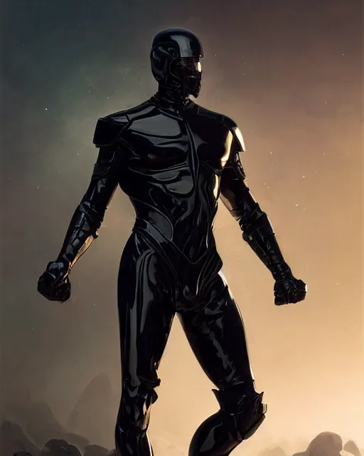 Image similar to iridescent sinewy smooth muscular male sleek glossy black pearlescent scifi armor with smooth black featureless helmet, by greg rutkowski, mark brookes, jim burns, tom bagshaw, magali villeneuve, eve ventrue, neil nelson thedarkestseason, trending on artstation