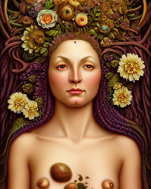 Image similar to portrait of the goddess of growth and decay, unusual beauty, flowers and plants, emotionally evoking symbolic metaphors, head in focus, fantasy, ornamental, intricate, elegant, sensual, highly detailed digital painting, artstation, concept art, painterly, golden ratio, sharp focus, illustration, art by John William Godward and Boris Vallejo and Zdzisław Beksiński,