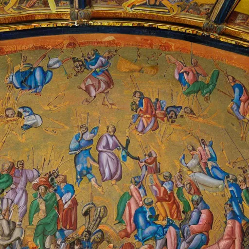 Prompt: basilica frescoe of an army of frogs fighting for Christianity