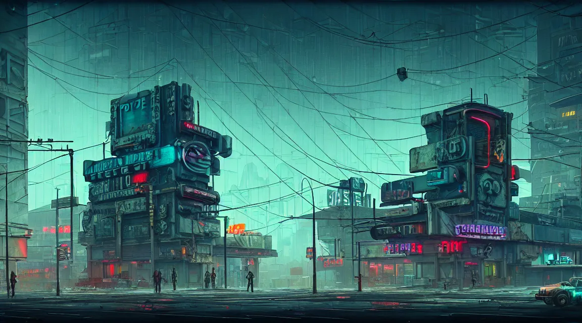 Image similar to post apocalyptic cyberpunk police station, building, avenue, urban architecture, americana architecture, concrete architecture, cloudy sky, paved roads, in the style of simon stalenhag, guido borelli, trending on artstation, photorealistic, wild vegetation, utopian, futuristic, blade runner, vivid colors scheme, neon signs, sharp, clear, focus