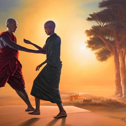 Prompt: barack obama engaged in hand to hand combat with a buddhist master, dramatic lighting at sunset atop a temple, painting