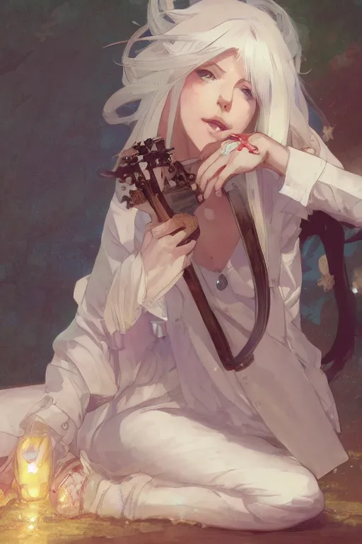 Prompt: a white haired girl with a guitar on her back sitting on the floor taking off her socks, 4 5 angel by krenz cushart and mucha and akihito yoshida and greg rutkowski, 4 k resolution