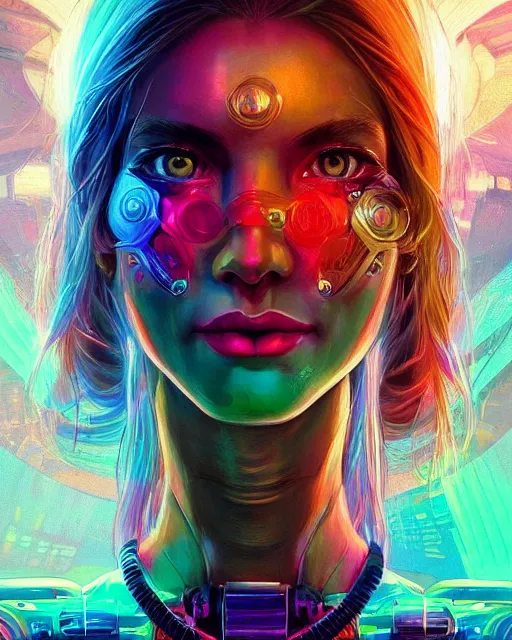 Image similar to colorful portrait of a female hippie cyborg, set in the future 2 1 5 0 | highly detailed | very intricate | symmetrical | professional model | cinematic lighting | award - winning | painted by mandy jurgens and ross tran | pan futurism, dystopian, bold psychedelic colors, cyberpunk, groovy vibe, anime aesthestic | featured on artstation