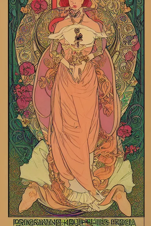 Image similar to full length painting of princess peach art nouveau, tarot card by mucha, gaudy colors, sharp edges, intricate linework.