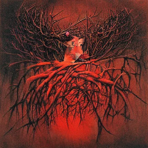 Image similar to crow girl in thorns by Beksinski