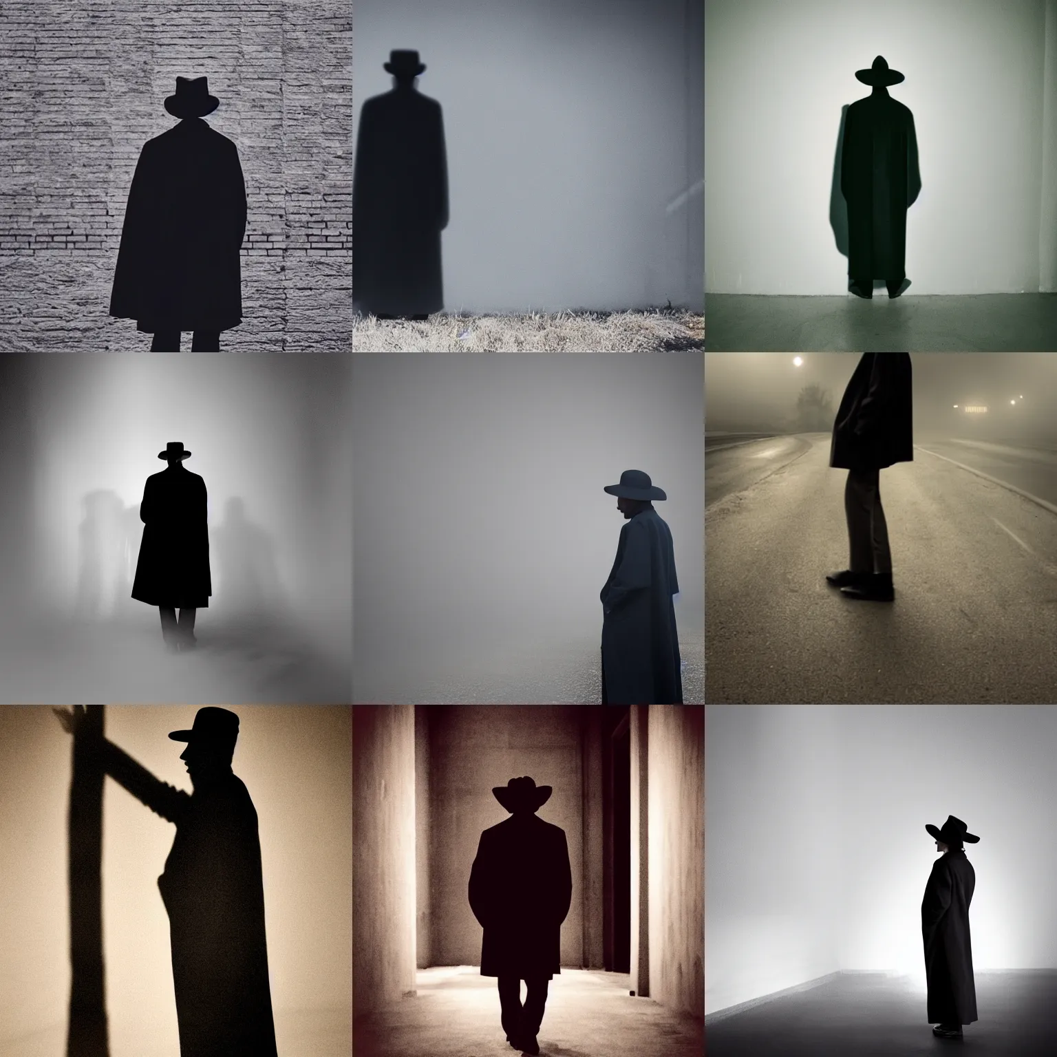 Prompt: shadow figure in duster jacket with hat , misty atmospheric ominous