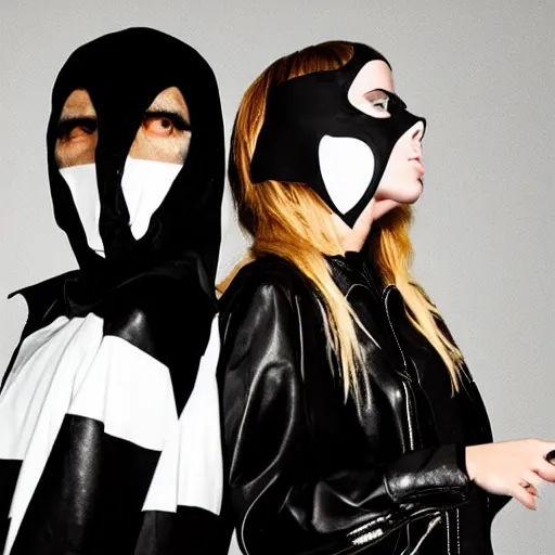 Prompt: a photo of a male bass guitarist and a female singer performing darkwave music, clothes by rick owens and faces covered by masks, short blond hair