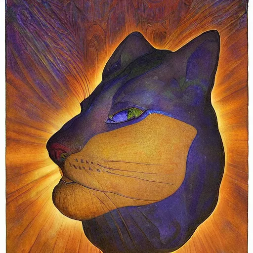 Image similar to cloisonne cat head sculpture, by annie swynnerton and diego rivera and nicholas roerich and jean delville, symbolist, dramatic lighting, god rays, art brut, rich colors, smooth, sharp focus, extremely detailed, adolf wolfli and ( donato giancola and bilibin )