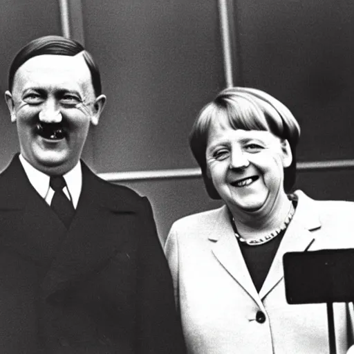 Prompt: hitler and angela merkel smiling after world war ii