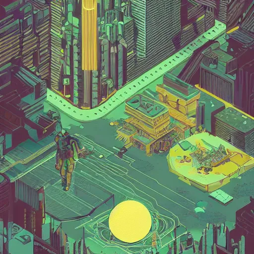 Image similar to Stunning isometric illustration of single cyberpunk explorer overlooking lush forest , highly detailed, midnight, small glowing orbs by Victo Ngai and James Gilleard , Moebius, Laurie Greasley