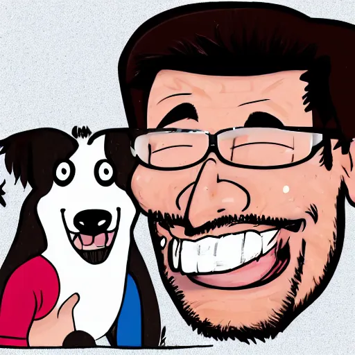 Prompt: a caricature of Markiplier laughing happily as he pets his dog, caricature art style.