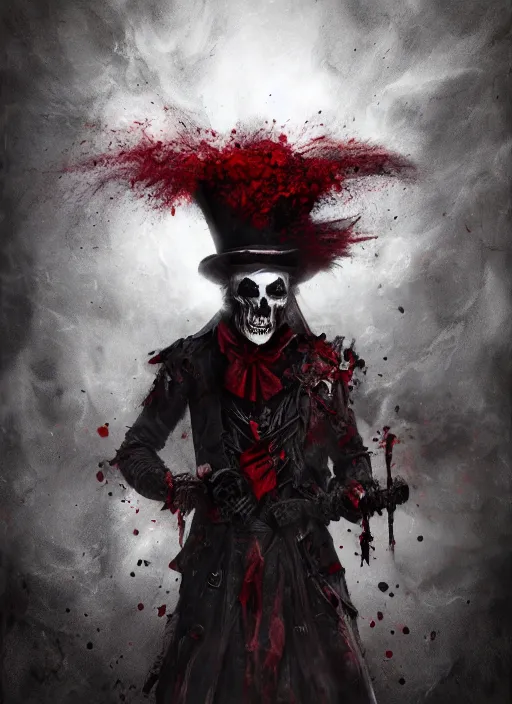 Image similar to the ghost - spirit of the grim - hatter wears the scarlet skull armor and blood crown, midnight fog - mist!, dark oil painting colors, realism, cinematic lighting, various refining methods, micro macro autofocus, ultra definition, award winning photo