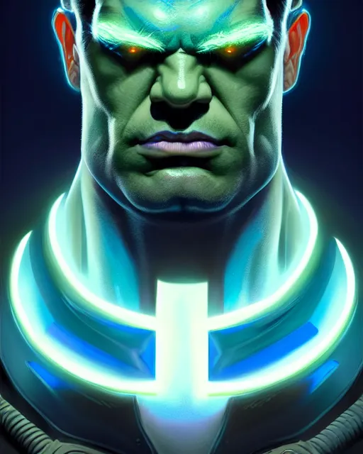 Image similar to symmetry portrait of blue color hulk, glam, power, glowing lights intricate, elegant, highly detailed, digital painting, artstation, concept art, smooth, sharp focus, illustration, art by artgerm and greg rutkowski and fra angelico and unreal engine 5