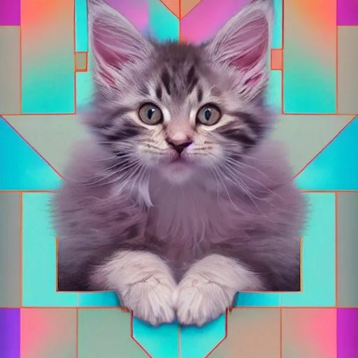 Image similar to a cream-colored maine coon kitten, digital art, geometric shapes and pastel colors explore the relationship between positive and negative space, as well as the tension between flatness and depth.