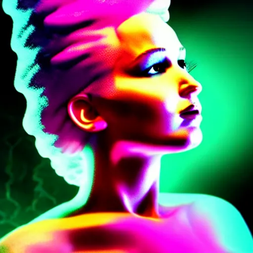 Prompt: jennifer lawrence as the bride of frankenstein, macro photography, glowing retinas, vaporwave, fuscia cyan yellow white light