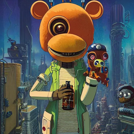 Image similar to cheburashka futurama furry cyberpunk apocalyptic portrait by gaston bussierre and charles vess and james jean and erik jones and rhads, inspired by rick and morty, epic, funny, huge scale, beautiful fine face features, intricate high details, sharp, ultradetailed