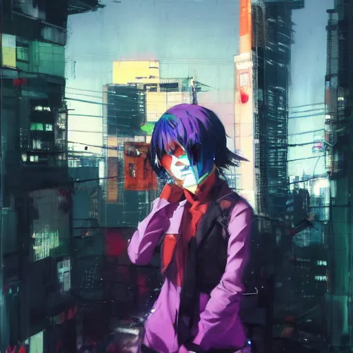 Prompt: portrait of the ( tokyo ghoul ) masked joyful adolescent tiktoker girl aurora, purple dawn in neon santiago of chile on the background, concept art oil on canvas by yoji shinkawa, ryuichi sakamoto, esao andrews and yoshitaka amano