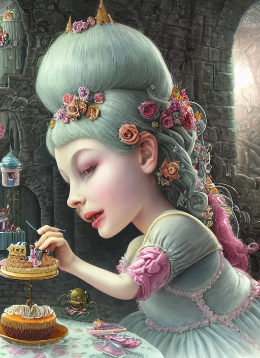 Prompt: highly detailed closeup portrait of a fairytale princess's favorite robot eating cakes in the castle, nicoletta ceccoli, mark ryden, lostfish, earl nore, hyung tae, frank frazetta, global illumination, god rays, detailed and intricate environment