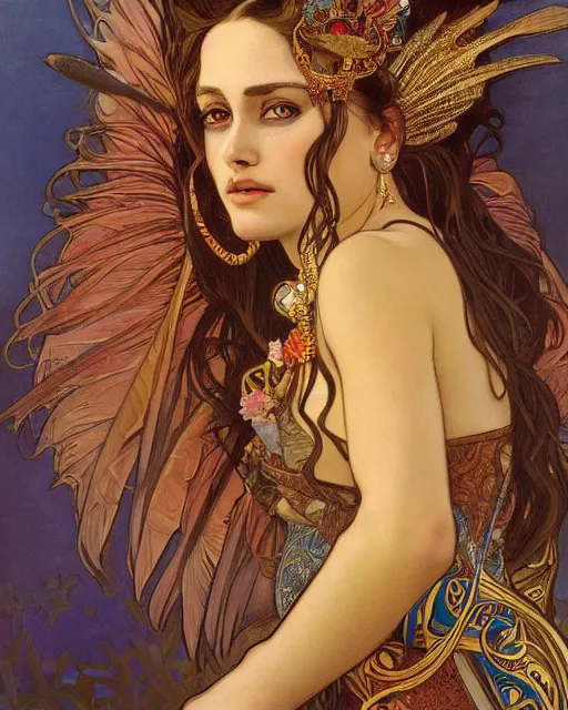 Prompt: realistic detailed portrait of an Aztec princess, feathers, gold, by Alphonse Mucha, Amano, Charlie Bowater, Karol Bak, Greg Hildebrandt, Jean Delville, and Mark Brooks, Art Nouveau, Neo-Gothic, gothic, rich deep moody colors