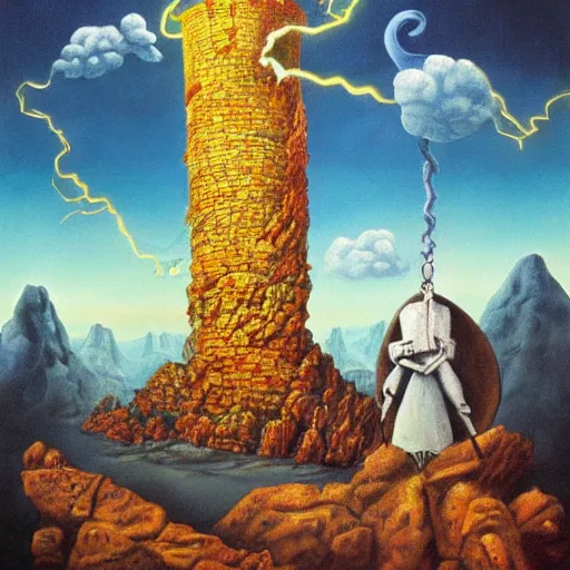 Prompt: the weirdest Wizard and his quest to topple the wicked tower, surrealist landscape painting