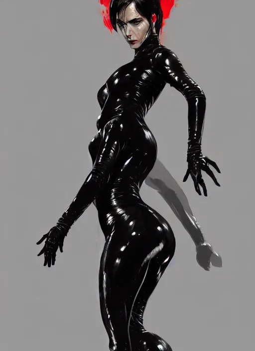 Image similar to painting of a woman in black latex suit, highly detailed, digital painting, concept art, smooth, sharp focus, illustration, illustration by greg rutkowski, yoji shinkawa, 4 k, digital art, concept art, red color, trending on artstation, 8 k