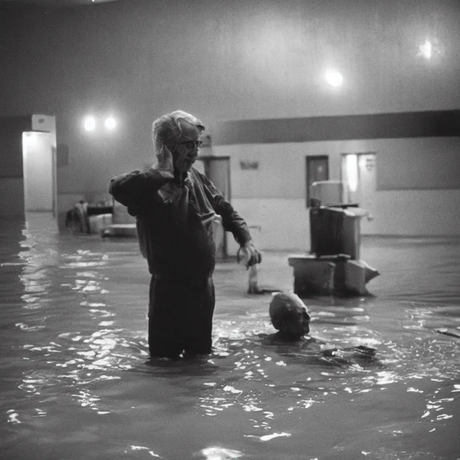 Image similar to 7 0 s movie still of an old man drowning in a soviet ballroom flooded in worms, cinestill 8 0 0 t 3 5 mm, heavy grain, high quality, high detail