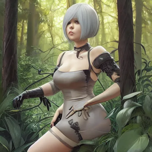 Prompt: full body portrait of 2 b nier automata wearing a skintight dress in a forest, large thighs, perfect face, intricate, elegant, highly detailed, digital painting, artstation, smooth, sharp focus, illustration, art by artgerm and greg rutkowski and alphonse mucha, 8 k