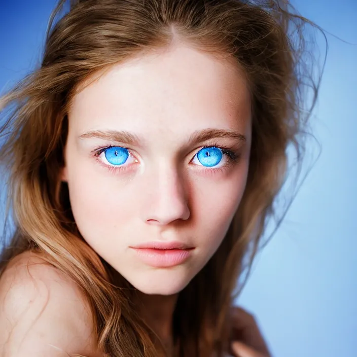 Prompt: Kodak Portra 400, 8K, highly detailed, britt marling style 3/4 extreme closeup portrait of a extremely beautiful girl with blue eyes and light brown hair, clear eyes, four fingers maximum, high light on the left, non-illuminated backdrop, illuminated by a dramatic light, Low key lighting, light dark, High constrast, dramatic , nina masic ,Flora Borsi, dark background, high quality, photo-realistic, 8K