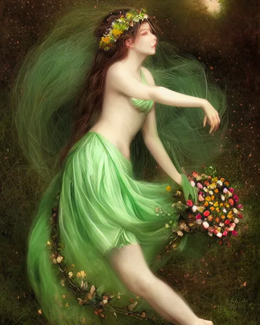 Prompt: the goddess of spring, with a wreath on her head and a green gauze skirt, dreamy, beautiful, by wlop