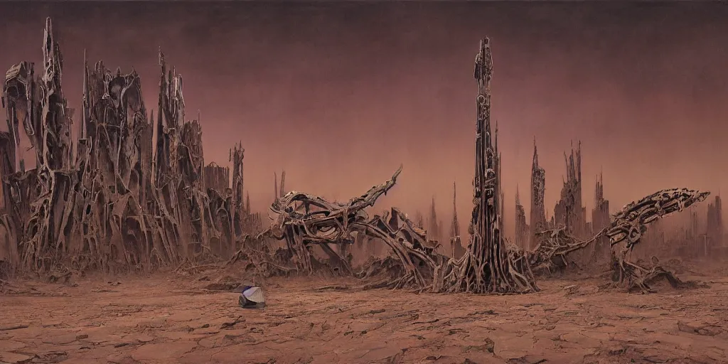 Prompt: supernova, mars red desert, neo brutalism babylon tower made from whale skeleton, painted by steve mccurry, terror, dark gloomy atmosphere, foggy, ruan jia, raymond swanland, lawrence alma tadema, zdzislaw beksinski, norman rockwell, jack kirby, tom lovell, alex malveda, greg staples