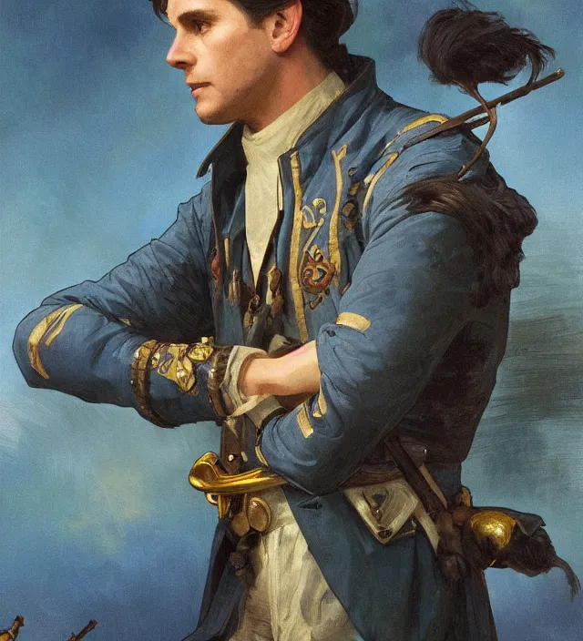 Image similar to candid portrait of a man with brown wavy hair and glowing bright blue eyes, surrounded by blue energy, powering up, wearing a blue traditional colonial military jacket, intricate, holding a spear, highly detailed, digital painting, artstation, concept art, sharp focus, cinematic lighting, illustration, art by artgerm and greg rutkowski, alphonse mucha, cgsociety