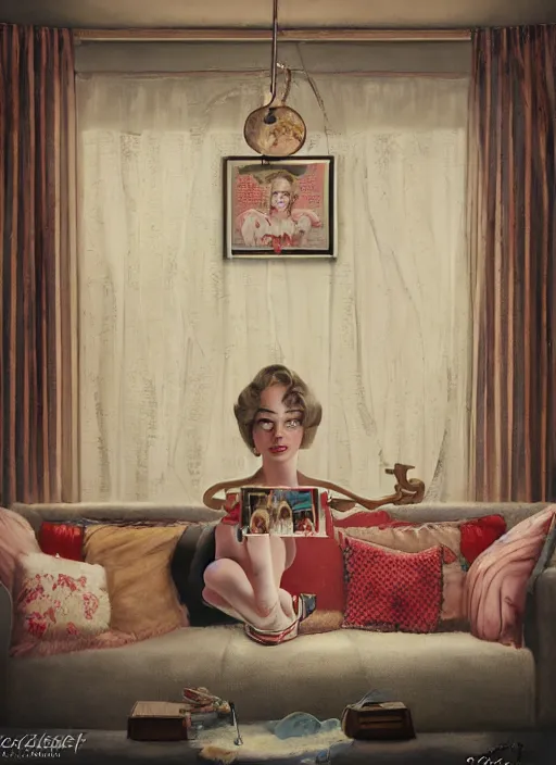 Image similar to closeup portrait of a retro 1 9 5 0 s living room, depth of field, zeiss lens, detailed, symmetrical, centered, fashion photoshoot, by nicoletta ceccoli, mark ryden, lostfish, breathtaking, 8 k resolution, extremely detailed, beautiful, establishing shot, artistic, hyperrealistic, octane render