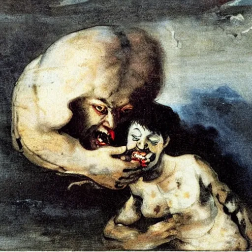 Prompt: Saturn Devouring His Son, painting by Spanish artist Francisco Goya