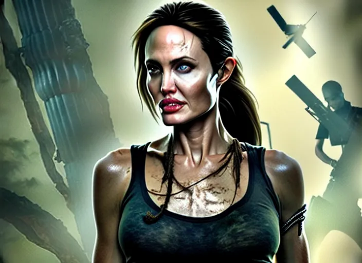 Image similar to film still of!!!! angelina jolie!!! as lara croft in new tomb raider movie, 8 k