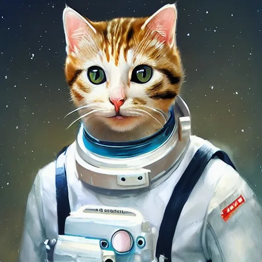 Image similar to head and shoulders masterpiece portrait of a cute adorable cat wearing a spacesuit, surreal background, digital art by krenz cushart, trending on artstation, cgsociety,