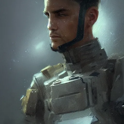 Prompt: Portrait of a man by Greg Rutkowski, a young human marine with short black hair, heroic and triumphant attitude, wearing tactical gear, highly detailed portrait, scifi, MMORPG, digital painting, artstation, concept art, smooth, sharp foccus ilustration, Artstation HQ