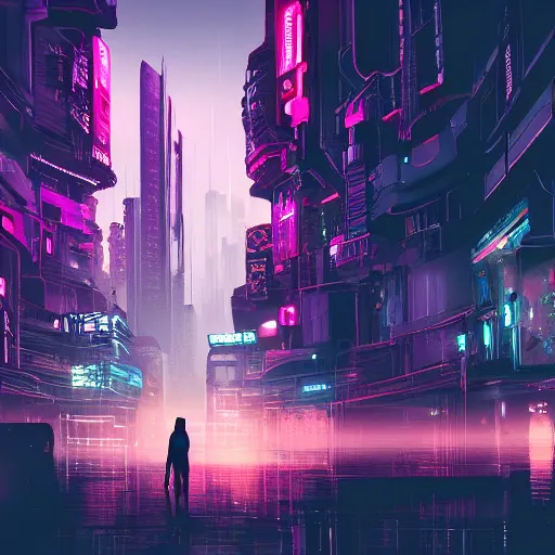 Image similar to cyberpunk artstation city at night hooded silhouette person in foreground