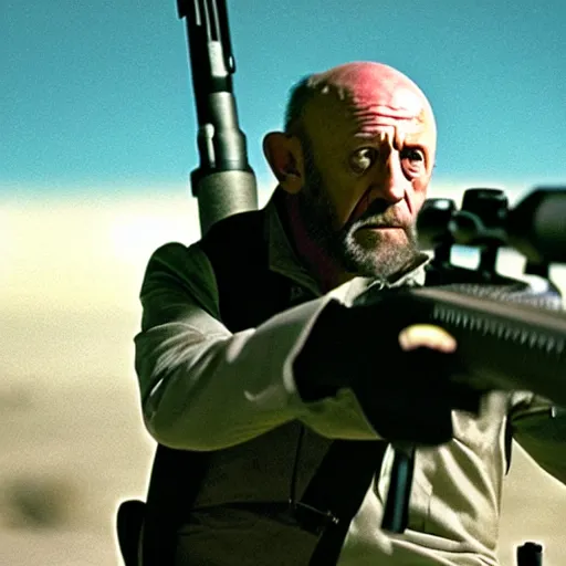 Image similar to Film still of Mike Ehrmantraut aiming a !!!sniper rifle!!!, 4k, !!highly detailed!!