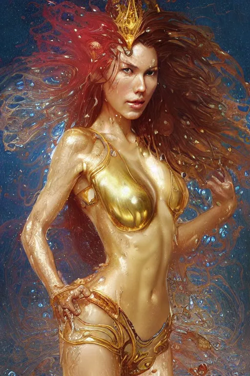 Prompt: portrait of a beautiful woman wearing a gold red armor, silver hair, drenched body, wet dripping hair, emerging from the water, fantasy, regal, fractal crystal, fractal gems, by stanley artgerm lau, greg rutkowski, thomas kindkade, alphonse mucha, loish, norman rockwell