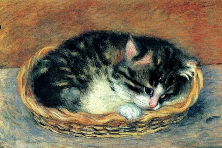 Prompt: a perishing cute kitten coiled up in a basket, snowy outside by Monet, Manet, Renoir