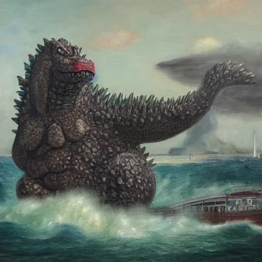 Prompt: A detailed oil painting of a giant Godzilla monster eating a 21st-century steamship ferry in Vineyard Haven harbor in 2022. The monster is holding up the ferry in the sky over its toothy mouth. In the style of Rembrandt.